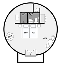 Yurt Φ7m 룸 평면도 : 거실, 미니바, 욕실, 슈버싱글 배드 2개의 침실로 구성되어 있습니다.