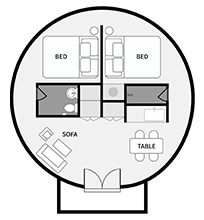 Yurt Φ8m 룸 평면도 : 거실, 미니바, 욕실, 킹배드 침실 2곳으로 구성되어 있습니다.